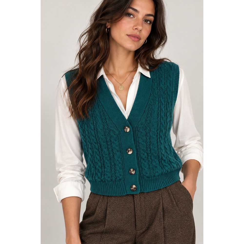 Vintage 90s Teal Cable Knit Sweater Vest Preppy Academia Button Front Small